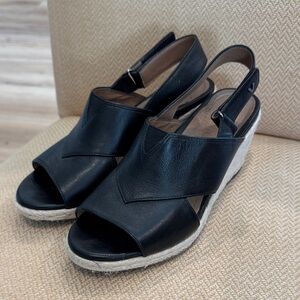 Vionic Black Leather Espadrille Wedges